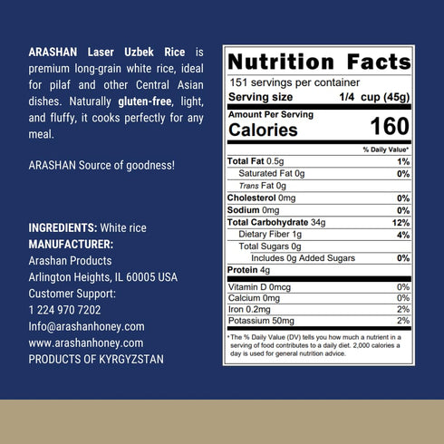 (2 LB 902Gram) ARASHAN Laser Uzbek Rice Premium White Long Grain Rice / | Perfect for Pilaf, Plov, and Central Asian