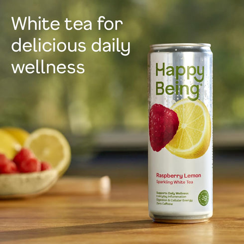 12oz (4 Pack) Happy Being Raspberry Lemon Sparkling White Tea Antioxidant & Polyphenol Rich, Infused with Turmeric