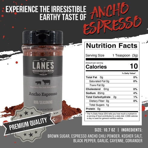 10.7 oz Lane's Ancho Espresso Coffee Rub, - All Natural BBQ Rub Steak Seasoning with Ancho Chili & Espresso - Creates