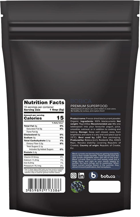 Organic Black Currant Powder from Freeze Dried Black Currants - Rich in Anthocyanins & Polyphenols - 2.65oz