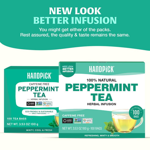 100 Count HANDPICK, Peppermint Tea, Eco-Conscious Tea Bags - | Caffeine Free, Non-GMO | Minty, Fresh & Cool flavor |