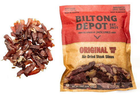 1lb (16oz) Biltong Depot Original Beef Biltong Slices with Fat | Air-Dried Beef Jerky Snack | High Protein | Zero Sugar
