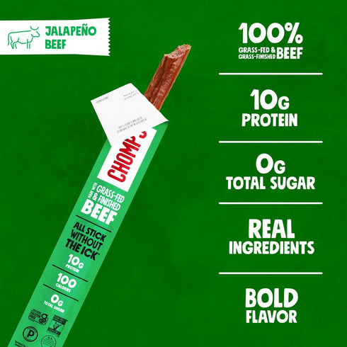 24-Pack Whole30, 10g Chomps Grass-Fed and Finished Jalapeo Beef Jerky Snack Sticks - Keto, Paleo, Lean Meat Protein