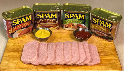 Chicerr 4 Pack Spam Variety (Bacon, Hickory Smoke, Jalapeno, Turkey) Bundle with Two Stainless Steel Cups