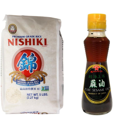 Nishiki Medium Grain Rice 80 Ounce with Kadoya 100% Pure Sesame Oil 5.5
