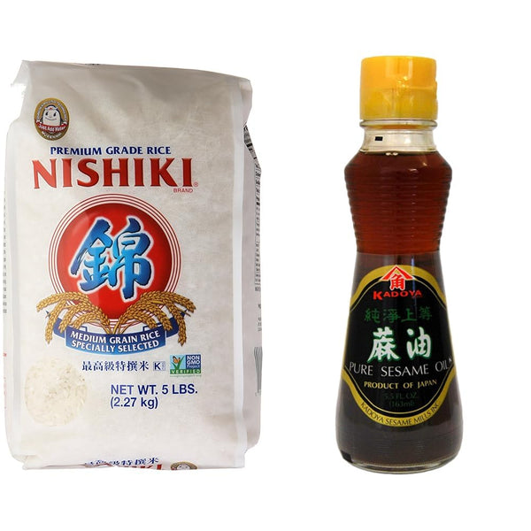 Nishiki Medium Grain Rice 80 Ounce with Kadoya 100% Pure Sesame Oil 5.5