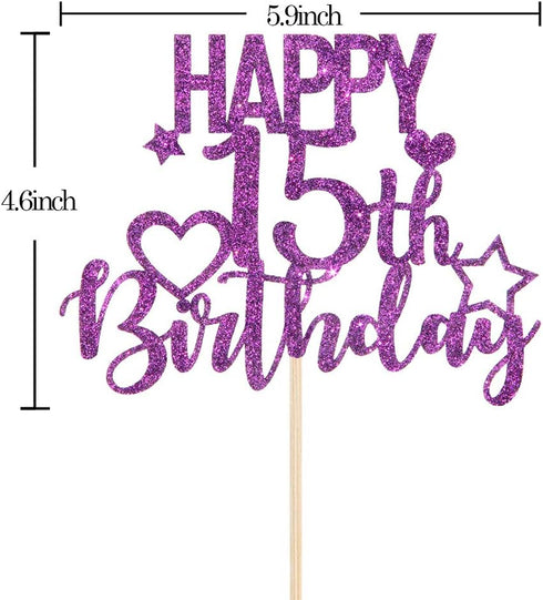 INNORU Purple Glitter Happy 15th Birthday Cake Topper - Cheers to 15 Years, Teenager Children's Party Decorations