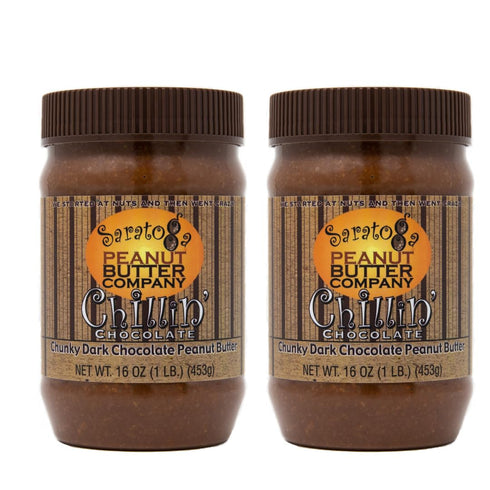 Saratoga Peanut Butter Company Chillin Chocolate - Dark Chocolate Chunky Peanut Butter. 16 Ounce Jar. Low