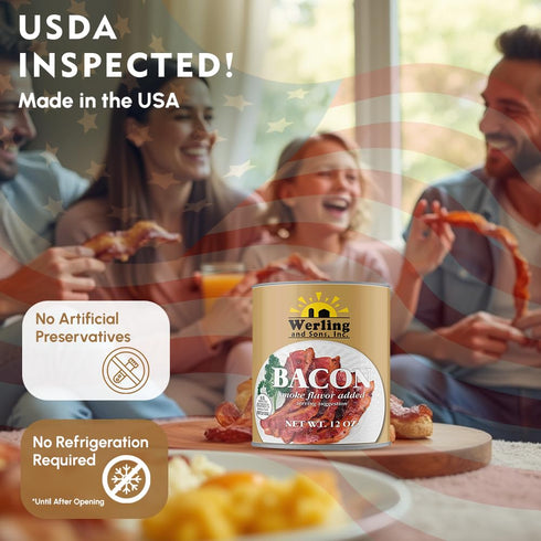 12 oz 5 Pack 1 Werling Fully Cooked Canned Bacon Ready to Eat Smoked Bacon, Shelf Stable up to Years, Long-Term Food