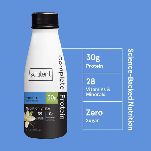 30g 0g 11oz (12 Pack) Soylent Complete Protein Shake, Vanilla, Protein, Vegan, Dairy Free and Sugar, Ready to Drink