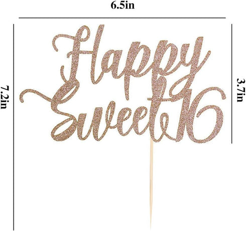 Happy Sweet 16 Cake Topper, Cheers to 16 Years, Rose Gold Decoration for 16th Birthday or Wedding Anniversary