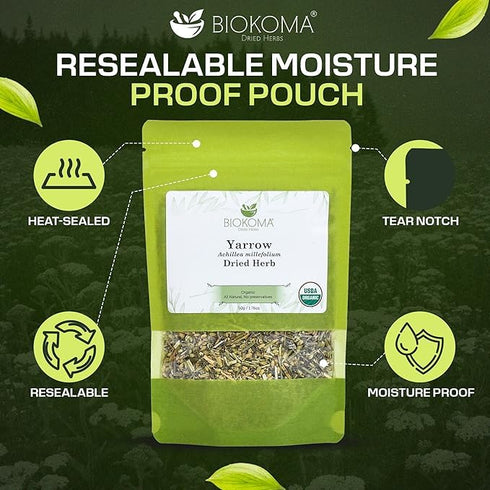 50g 1.76oz Biokoma Organic Yarrow Dried Herb Dried Loose Achillea Millefolium Digestion Skin Health Support USDA