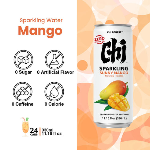11.16 oz (Pack 24) CHI FOREST Mango Sparkling Water Beverage, Zero Sugar Drinks, Zero Artificial Flavor, fl Cans