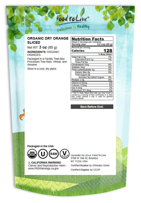 3 Food to Live Organic Dry Orange Slices, Ounces Natural Dehydrated Citrus for Cocktails, Baking, Tea, Holiday