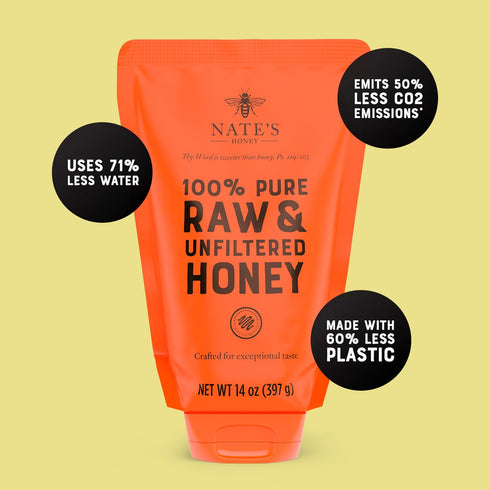 100% 14 Nate's Pure, Raw & Unfiltered Honey, No-Drip Sustainable Squeeze Pouch; Purity Guarantee, No Additives, Ounce
