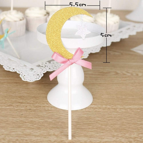 30Pcs Glitter Cupcake Toppers, Gold Moon & Silver Star with Pink Bowknot for Birthday Party, Baby Shower Decorations