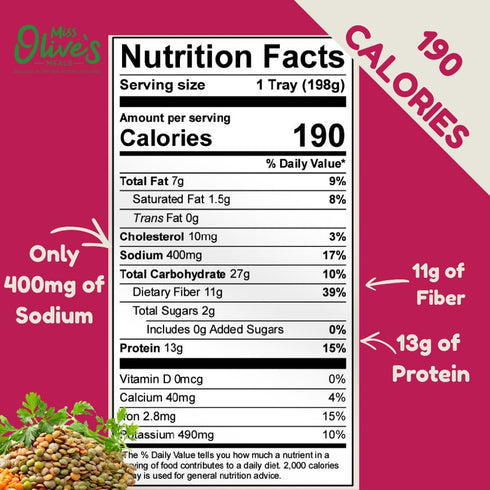 7 oz (Pack 6) Miss Olives Lentil & Beef with Vegetables Ready Meal, Lower Sodium Shelf Stable Heat & Eat Entre