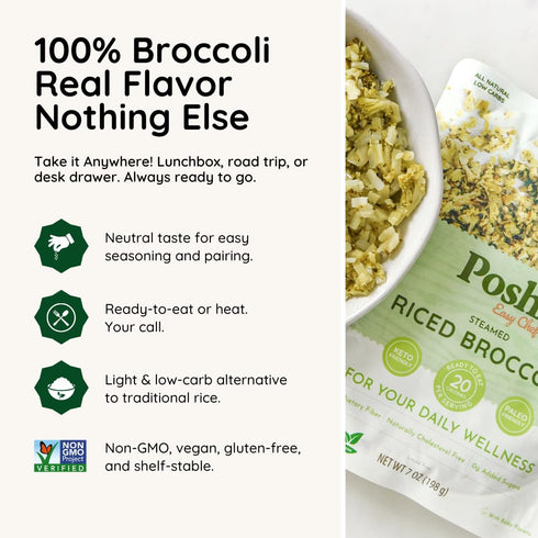 (7oz, 6 Pack) POSHI Riced Broccoli | All Natural, Fully Cooked, Ready to Eat, Non-GMO, Low Calorie + Carb, Gluten Free