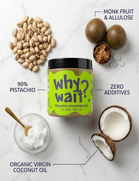 90% 12oz Why Wait? Pistachio Cream Spread Real Pistachios, No Added Sugar, Keto & Vegan Friendly, Made with Organic