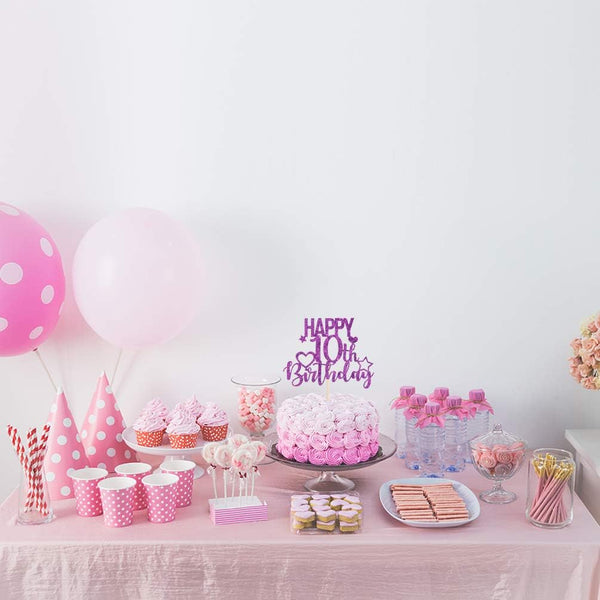 Purple Glitter Happy 10th Birthday Cake Topper - Cheers to 10 Years Children's Birthday Party Cake Decorations