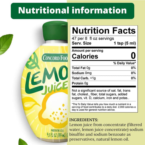 100% 4.5 Oz (Pack 4) Concord Foods Lemon Juice from Concentrate | Lemon Juice for Cocktails, Cooking, Baking