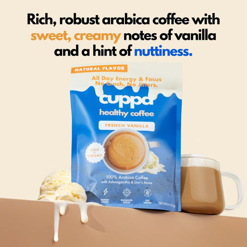 (6 Cuppa French Vanilla Coffee - Great tasting medium roast with mushrooms, adaptogens & superfoods - Lion's Mane