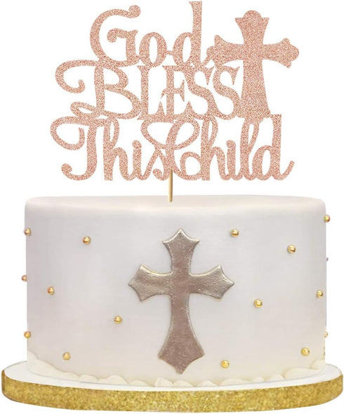 God Bless this Children Cake Topper, Rose Gold Glitter Baptism Cake Toppers for Christening, First Communion Baby Shower