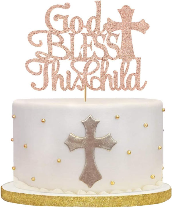 God Bless this Children Cake Topper, Rose Gold Glitter Baptism Cake Toppers for Christening, First Communion Baby Shower