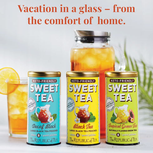 8 (Pack 2) The Republic of Tea Keto-Friendly Sweet Iced Decaf Black Tea, Large Quart-Sized Iced Tea Pouches