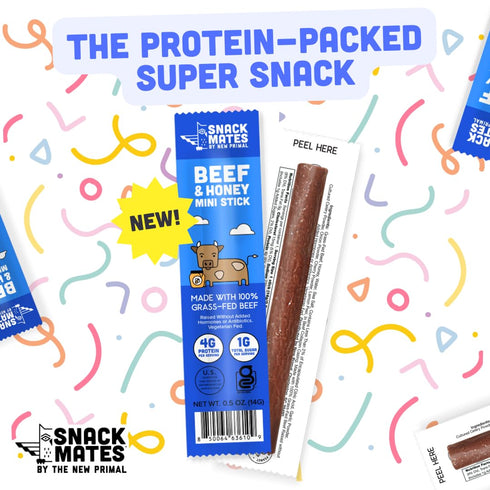 4g 50 15 Pack New Primal Snack Mates Beef & Honey Sticks, Healthy Snacks for Kids, Low Sugar High Protein Back