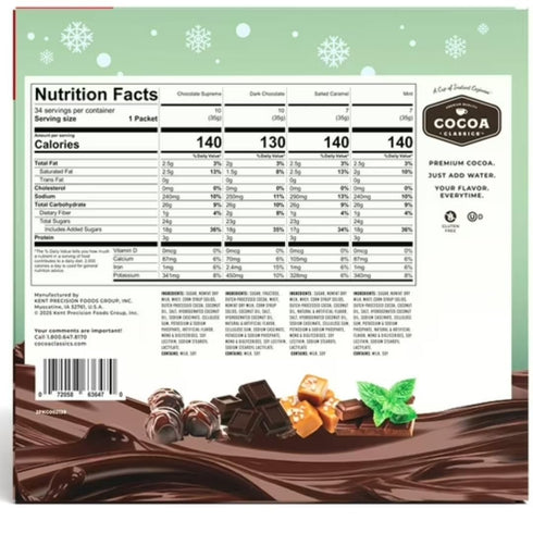 Generic Pack, 34 Count, Packets Cocoa Classics Premium Instant Hot Cocoa Variety Salted Caramel, Chocolate Supreme