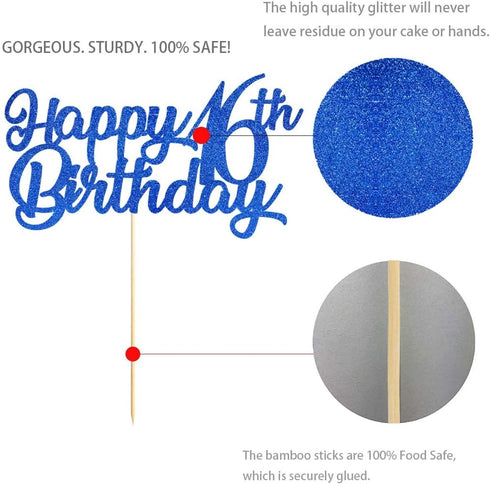 Blue Happy 16th Birthday Cake Topper, Royal Blue Glitter Cheers To 16 Years Party Cake Decorations