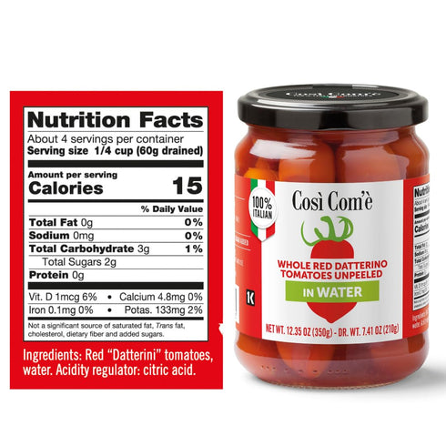 (12.354 oz) 350 100% Cosi Come - Datterino Red Tomatoes Unpeeled in Water, Datterini Tomatoes in water g, Low-acid, No