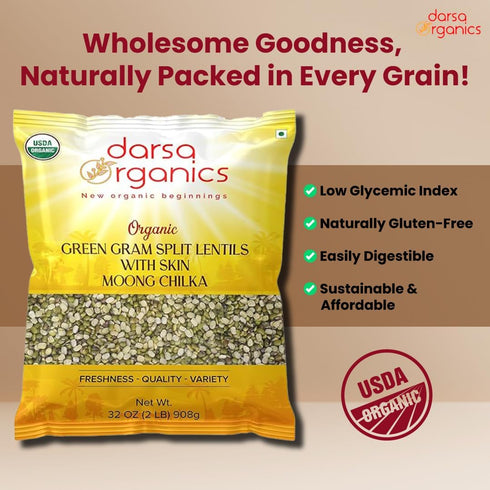 2 lb Darsa Organics Mung Split Lentils with Skin, Moong Dal with Skin - USDA Organic Green Lentils, Non-GMO, Kosher