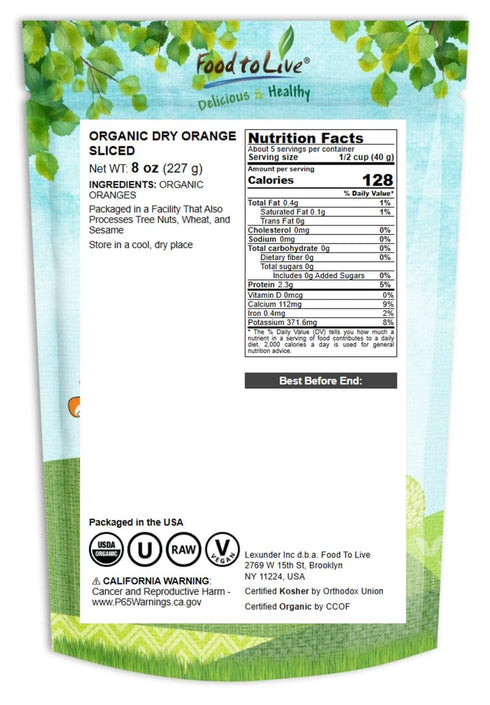 8 Food to Live Organic Dry Orange Slices, Ounces Natural Dehydrated Citrus for Cocktails, Baking, Tea, Holiday