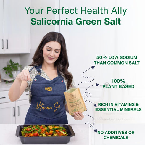 50% 100% (Pack 2) SaltWise Green Salt Less Sodium, Plant-Based Salt Substitute, Dehydrated Salicornia, Natural Umami
