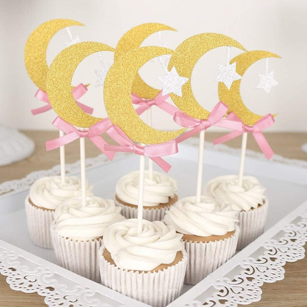 30Pcs Glitter Cupcake Toppers, Gold Moon & Silver Star with Pink Bowknot for Birthday Party, Baby Shower Decorations