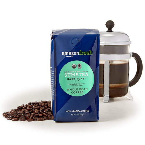 Amazon Fresh 12 (Pack 3) Organic Fair Trade Sumatra Whole Bean Coffee, Dark Roast, Ounce