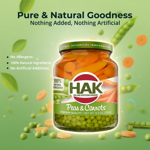 Hak 12.3oz 6 Pack Green Peas with Carrots in Glass Jar - Ready-to-Eat Mixed Vegetables with Sea Salt & Water - Canned