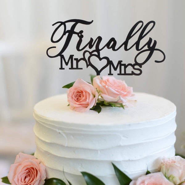 Finally Mr Mrs Love Heart Black Acrylic Cake Topper for Wedding Engagement Party Decoration - 5.9'' x 6.1''