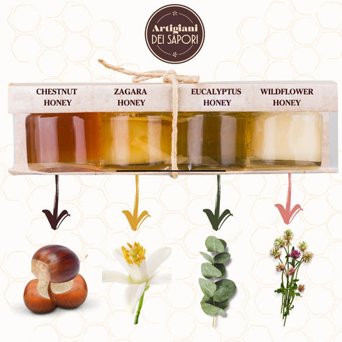 Set, 1.3 oz Pack 4 ARTIGIANI DEI SAPORI - Mini Honey Gift "Il Miele", each, Zagara, Milli flower, Chestnut, Eucalyptus