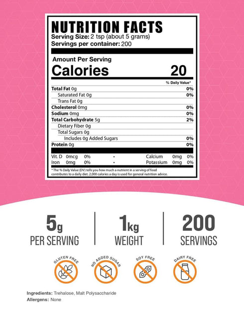 5g 1kg (2.2 lbs) (Pack 1) BulkSupplements.com Trehalose Powder - Natural Sweetener, Trehalose Sugar Substitute - Vegan