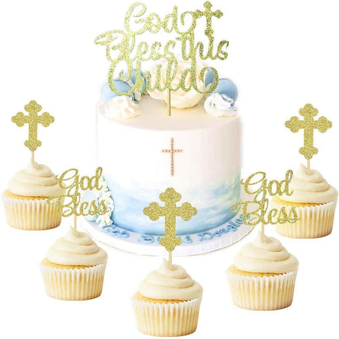 JeVenis 25 PCS Glittery Gold Bless this Child Cross & Cake Toppers for Baptism Decorations