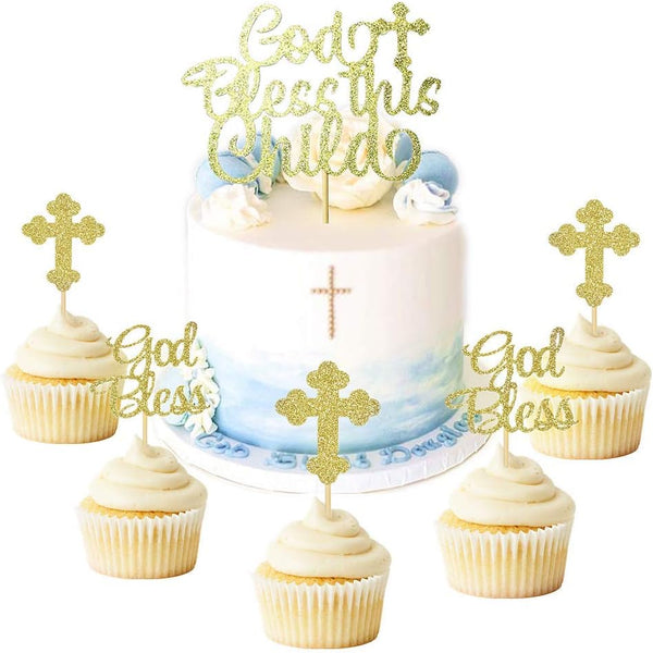 JeVenis 25 PCS Glittery Gold Bless this Child Cross & Cake Toppers for Baptism Decorations