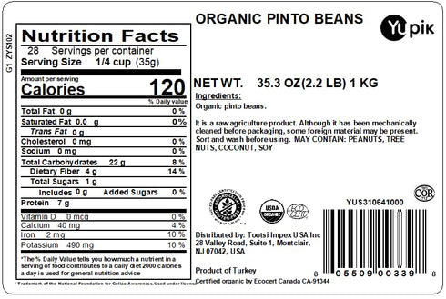 2.2 lb (35.3 oz), Yupik Organic Pinto Beans, Non-GMO, Vegan & Gluten-Free, USDA Certified, Kosher, Dried Beans