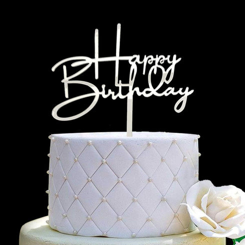 Happy Birthday Cake Topper for Party Decorations - Mirror Silver Acrylic