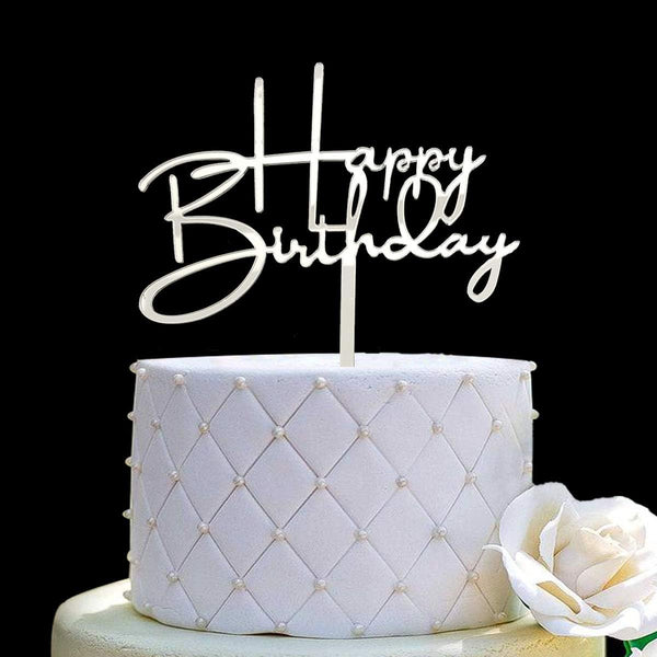 Happy Birthday Cake Topper for Party Decorations - Mirror Silver Acrylic