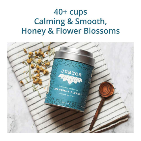 |40+ (1.6oz) JusTea CHAMOMILE DREAM | Loose Leaf Herbal Tea | Tin with Hand Carved Tea Spoon Cups | Caffeine Free |