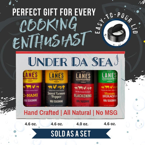 Set, 4 Set Lane's Under Da Sea Gift All-Natural Rubs Gift of Blackened Seasoning, Honey Sriracha Seasoning, Sweet Heat