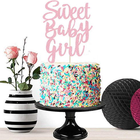Sweet Baby Girl Cake Topper, Rose Gold Glitter for Newborn Gender Reveal, Baby One Month, 1st Birthday Party Supplies